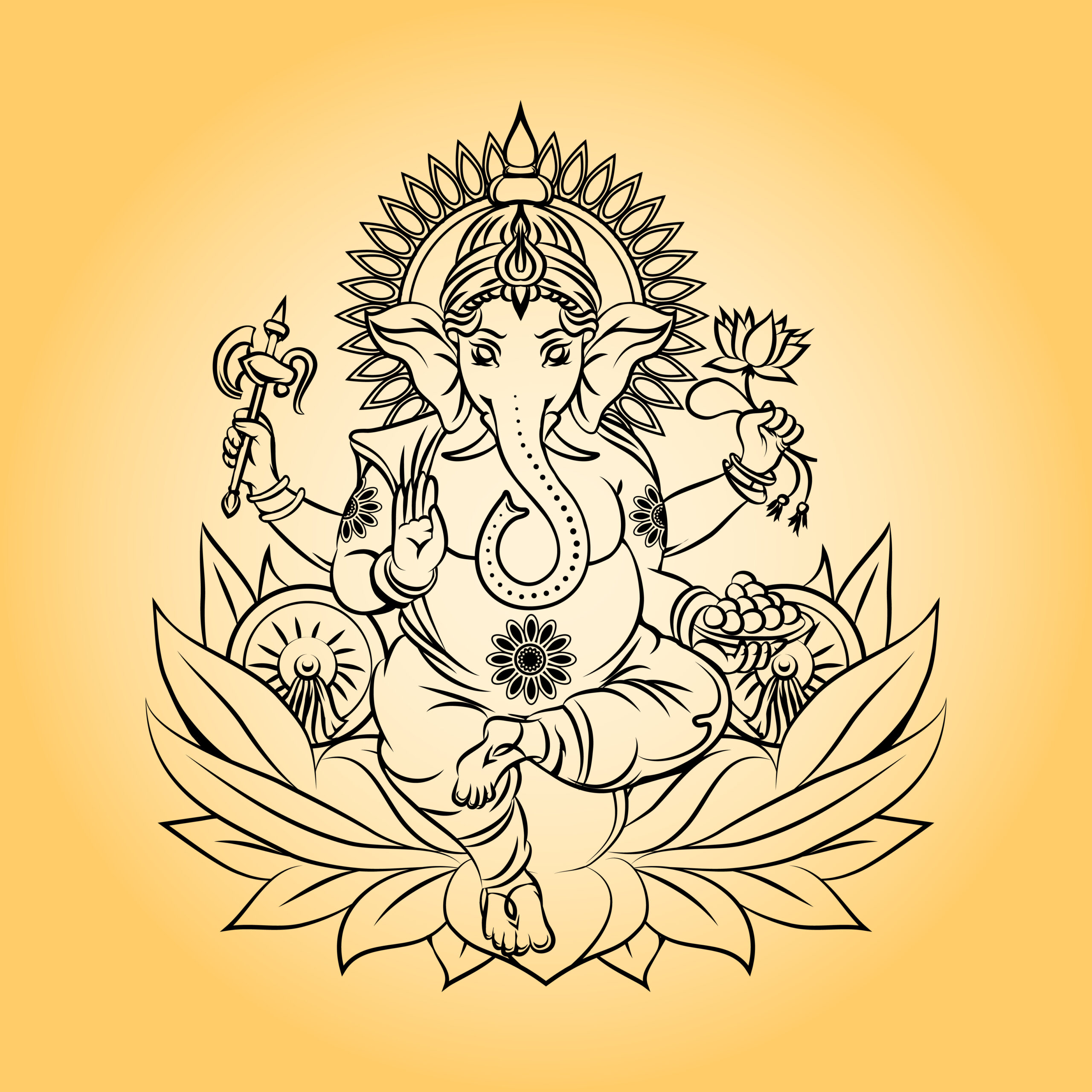 Lord ganesha indian god with elephant head. Hinduism and animal, crown and lotus. Vector illustration